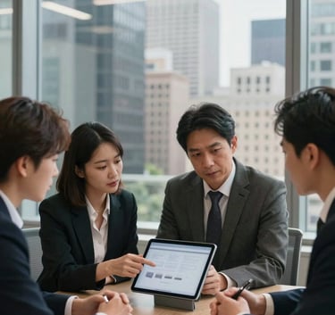 A collaborative team meeting in a high-rise office in a North American city, professionals discussing strategy around a sleek tablet.