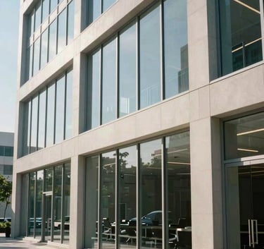 A modern North American corporate office with high-end glass partitions and a clean, professional atmosphere, daytime natural lighting.