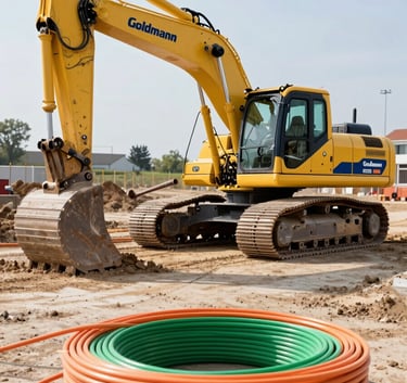 A powerful yellow excavator with the Goldmann logo in navy blue, moving earth on a clean Central European / German construction site. In the foreground, rolls of vibrant orange and green fiber optic cables lie ready for installation. High quality professional photography with sharp focus and bright daylight.