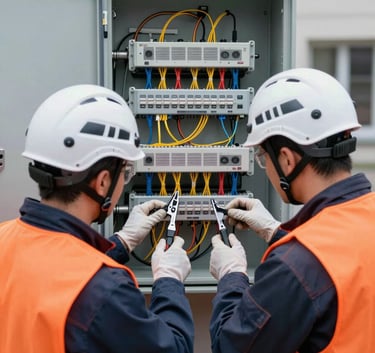 Two technicians in white helmets and orange safety vests working on a complex fiber optic distribution panel outdoors in a Central European / German urban setting. They are using precise tools, showcasing a high level of expertise and technical detail.