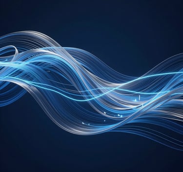 A cinematic, abstract render of flowing blue and silver fabric-like digital waves interwoven with glowing light-trail circuits against a deep navy blue background.