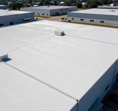 Low angle shot of a large commercial facility in Toms River, New Jersey, featuring a pristine white flat roof. The photograph emphasizes durability and industrial scale.