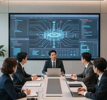 A professional boardroom meeting in a modern office with sleek furniture and large digital displays showing mist grey data networks in a slate blue ambiance.