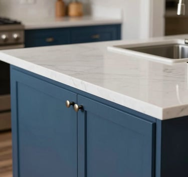 Close-up of a newly renovated kitchen island with white quartz countertops and elegant indigo blue cabinetry in a North American / Hispanic residence, professional lighting.