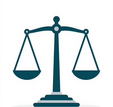 A minimalist and modern illustration of the scales of justice, designed with clean lines in deep teal (#054D4B) and gray (#A0A0A0) against a white background. The style is professional, sharp, and authoritative.