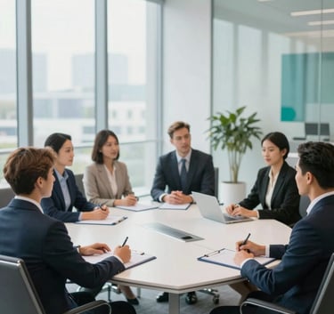 A diverse team of professional lawyers in smart business attire sitting in a bright, modern conference room. Large glass windows in the background. The atmosphere is collaborative and high-end, featuring #FCFCFC whites and #054D4B accents in the room's decor.