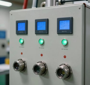 Close-up of an industrial water filtration control panel with maya blue digital displays and apple green status lights, showing precision engineering in a South American facility.