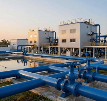 A high-tech wastewater treatment plant facility in Mexico during golden hour, showcasing cobalt blue pipes and modern industrial architecture with a clean, ecological design.