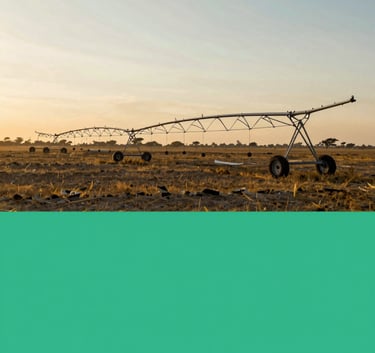 A professional wide-angle shot of a large-scale pivot irrigation system in Ethiopia, symbolizing water solutions and innovation, soft sunset lighting, palette includes #52796F and #CAD2C5.