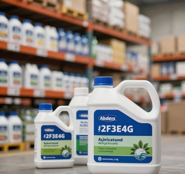 An organized industrial warehouse interior in Addis Ababa showing high-quality agricultural inputs and chemical supplies, clean and professional, with brand tones of #2F3E46.