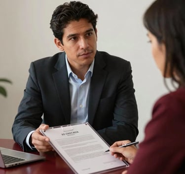 A professional interaction in a minimalist Latin American office setting where a consultant in business attire is explaining a transparent contract to a client, warm lighting, deep red accents.