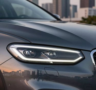 A close-up of a modern, polished car headlight with sleek lines, professional studio lighting highlighting the dark and charcoal gray body, set against a blurred Latin American urban skyline at dusk.