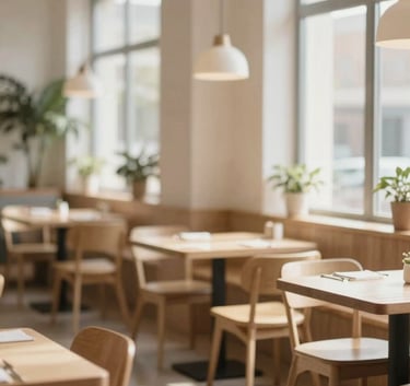 A cozy, Scandinavian-style restaurant interior with minimalist light wood furniture and large windows. Warm, inviting morning light fills the space. A subtle hint of #2A5F43 in the indoor plants.
