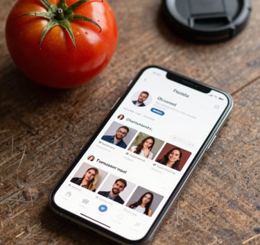 A top-down composition on a rustic table featuring a ripe tomato, a sleek smartphone displaying a social media feed, and a professional lens cap. The style is sophisticated and clean, using a palette of #9B1C31 and #FAF5E5.