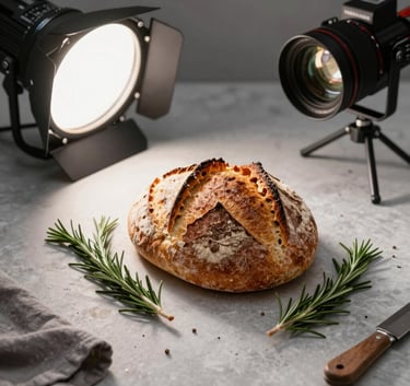 A creative flat-lay photography setup in a North American / European studio, featuring artisanal sourdough bread, fresh rosemary, and professional studio lighting equipment.
