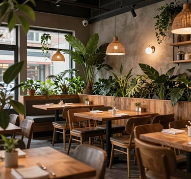 A cozy, Scandinavian-style restaurant interior with warm ambient lighting, wooden furniture, and lush green indoor plants, North American / European vibe.