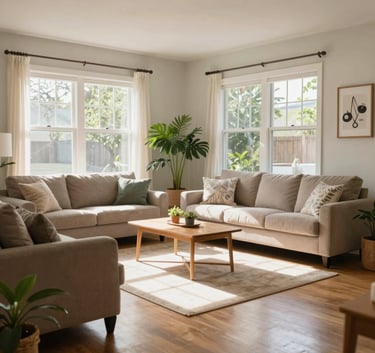 A wide photography shot of a spotless, sunlit North American living room with large windows and healthy green plants, conveying a safe and clean family environment.