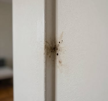 Macro photography of water damage and dark spots on a drywall corner in a North American suburban house, highlighting the need for professional inspection.