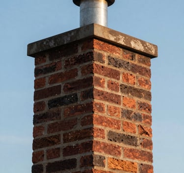 Close-up photography of a beautifully maintained brick chimney against a clear blue sky in a North American / US suburb, showing clean mortar joints and a high-quality stainless steel chimney cap, soft morning light.