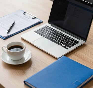 A sleek, organized workspace in a North American / US corporate setting, featuring a high-end laptop, a cup of coffee, and documents in Royal Blue folders.