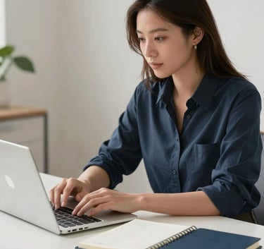 A focused professional in a modern North American / US home office, desk featuring a laptop and a notebook in Pale Mist and Navy Blue tones, clean bright morning lighting.