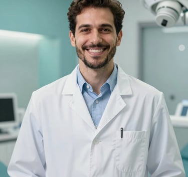 A professional portrait of Dr. Breno Henrique Alves Ferraz in a modern, clean dental office. He is smiling warmly, wearing a white clinical coat. The background is slightly blurred with #D6E0EC and #F5F8FA accents.