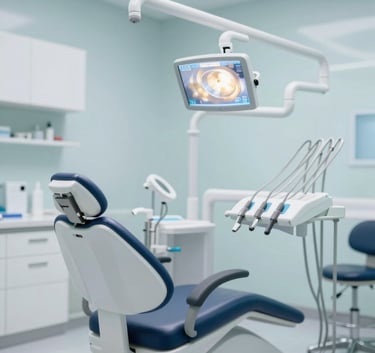 A clean, modern dental exam room with a professional ergonomic chair, bright and inviting, showcasing advanced medical technology in a sophisticated setting with #F5F8FA tones.