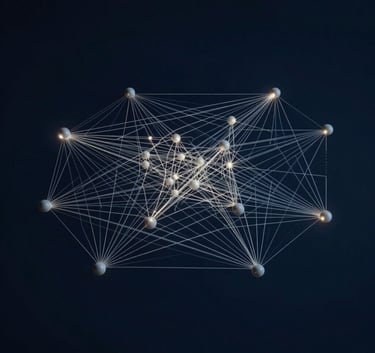 Professional photography of a complex network topology diagram rendered in glowing light grayish white lines against a dark navy blue background, minimal aesthetic, North American data center style.