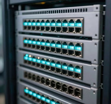 A clean, structured close-up of high-end networking hardware in a server rack, blinking bright teal blue and light grayish white LEDs, professional depth of field, North American tech facility.