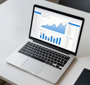 An aerial view of a clean desk with a laptop displaying a complex data analytics dashboard with blue and gray line charts, reflecting a results-driven North American corporate workspace.