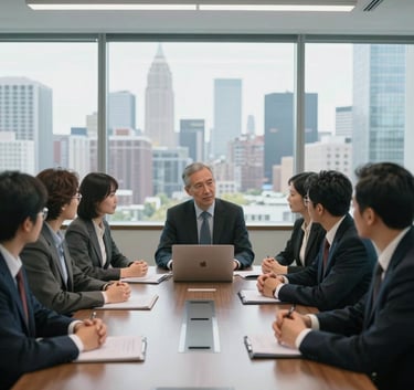 A professional North American business meeting in a bright, modern glass-walled conference room overlooking a city skyline, capturing a collaborative and strategic atmosphere.
