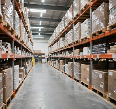 Professional wide-angle shot of a bright, modern wholesale distribution center in Germany. Clean grey floors, organized shelving, soft natural light, conveying a sense of competence and reliability.