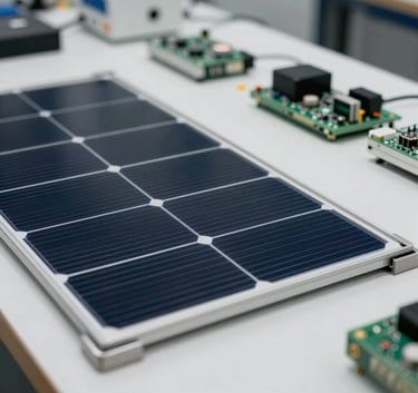 Close-up, sharp photograph of high-tech photovoltaic components and modern electronics on a clean industrial surface. Bright lighting, professional atmosphere, Central European style.
