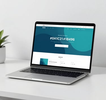 A clean, minimalist high-end professional workspace featuring a sleek laptop showing a modern website UI with #0A1C2C and #1B4965 accents.