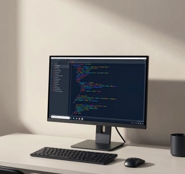 A high-end, minimalist workspace with a single high-resolution monitor displaying abstract code. The room is bathed in soft warm off-white light with deep navy accents, projecting an image of reliability and expertise.