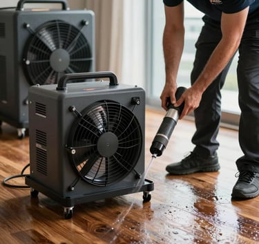 Industrial-grade water extraction equipment and drying fans deployed on a wet hardwood floor in a luxury Miami apartment, highlighting professional response.