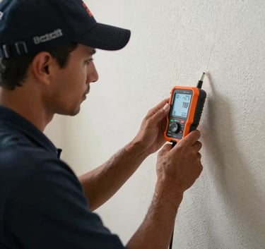 A close-up of a professional water restoration technician in a branded uniform using a moisture meter on a wall in a North American residence in Miami, Florida.