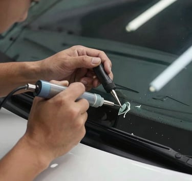 A detailed shot of a skilled technician's hands using professional resin injection tools to repair a chip in a car windshield. The lighting is crisp, and the setting is a professional auto service bay in the US. The color palette emphasizes clean dark navy and off-white.