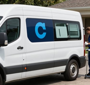 A professional white service van with a clean logo design parked on a paved driveway in a North American setting. A mobile technician is visible near the vehicle, which is stocked with glass repair tools. The scene is bright and efficient, using a palette of dark navy and light blue.