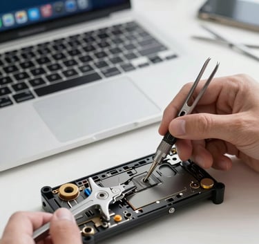 A close-up of a high-end laptop being repaired with precision tools on a clean white desk, professional lighting, featuring a palette of #0A1C2B and #F8FAFC.