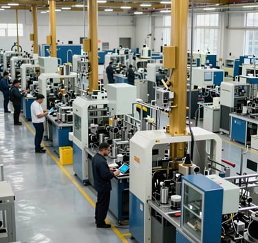 An expansive view of a busy manufacturing floor in a Middle Eastern / Turkish industrial zone. The scene features high-tech machinery and organized workstations under bright, clear lighting. The atmosphere is authoritative and established, featuring industrial gold and steel blue accents.