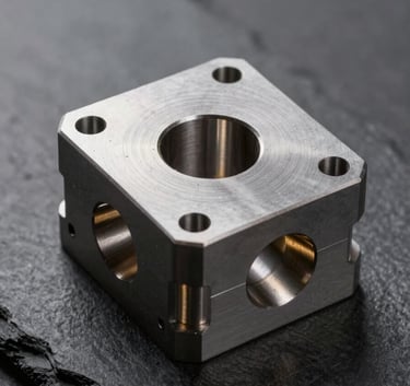 A high-precision metal mold part displayed on a dark slate grey background. The lighting is dramatic, casting soft industrial gold glints on the steel surface, reflecting the 40 years of expertise and durability. Professional photography style.