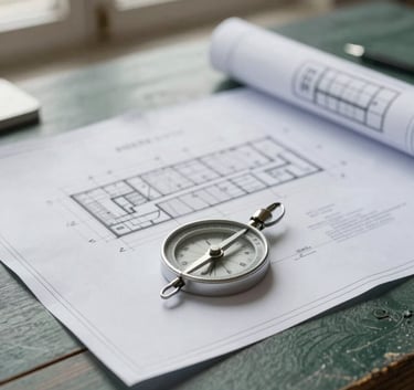A close-up, sharp photograph of architectural blueprints and a compass on a desk made of dark slate green wood. Soft morning light enters from a window, creating a professional and focused atmosphere.