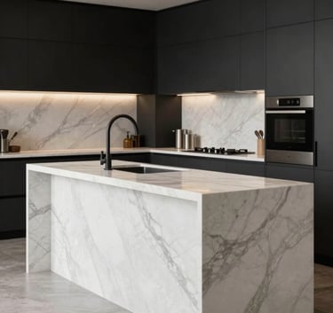 A luxurious modern kitchen featuring a wide, seamless island made of premium soft off-white marble with subtle silver grey patterns, set against charcoal black cabinets.