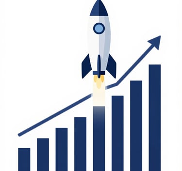 A minimalist, high-quality digital illustration of a rocket ship ascending alongside a growing bar chart, symbolizing strategic performance marketing growth. The style is clean and professional, incorporating shades of #3A506B and #1C2541.