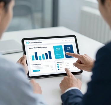 A professional business meeting scene showing two people pointing at a tablet screen displaying a successful marketing campaign result. Soft lighting, modern office environment, using a cool blue palette including #E0FBFC and #3A506B.