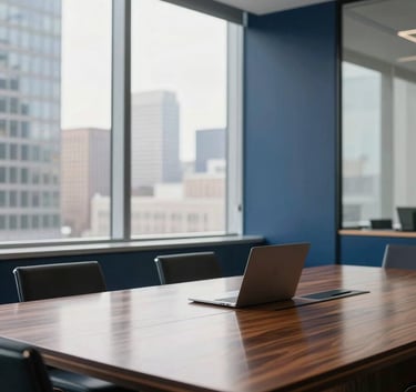 A wide-angle professional photograph of a modern glass-walled boardroom in a North American city. Soft morning light enters from large windows. The table is polished dark wood with a sleek laptop. The atmosphere is sophisticated and reflects high-level consulting and industry authority, using a color palette of deep navy blue and off-white.