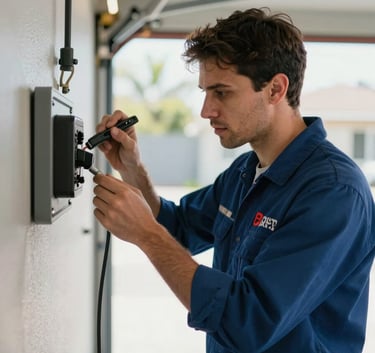 A professional technician wearing a dark blue uniform (#2B4E72) with a red logo (#B03A2E) is inspecting a garage door opener system in a well-lit residential garage in Los Angeles. The composition is a medium shot focusing on expertise and high-quality tools.