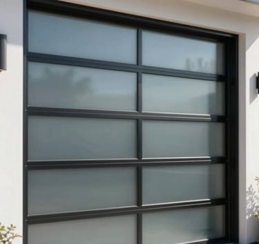 A high-end, modern automatic garage door made of frosted glass and black aluminum, installed on a contemporary Los Angeles home. The lighting is bright and sunny, reflecting the Southern California atmosphere. Subtle hints of deep blue and professional steel accents appear in the scene, conveying quality and trustworthiness.