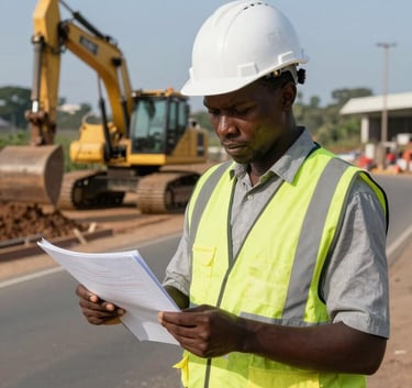 A professional civil engineer in a white hard hat and safety vest standing on a road construction site in Kinshasa, looking at a technical document, background shows construction machinery under a clear blue sky, Central African / Congolese region.